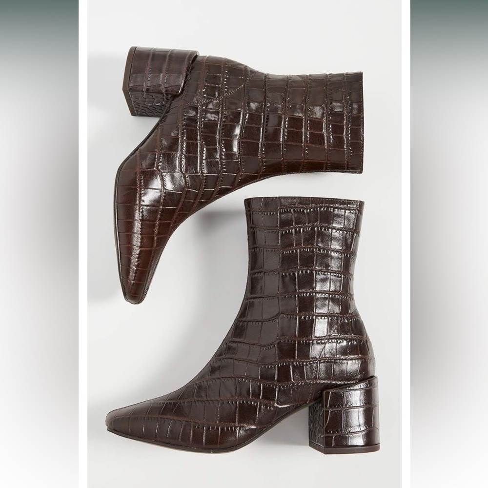 Jeffrey Campbell Dark Brown Croc-Embossed Block Heel Ankle Boots - Picture 4 of 10